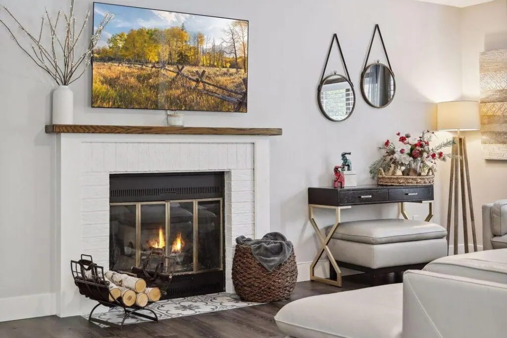 Bright living room with a cozy fireplace