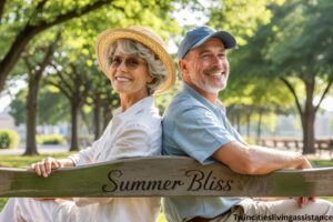 two senior person one male and one female are happily posing for summer skincare