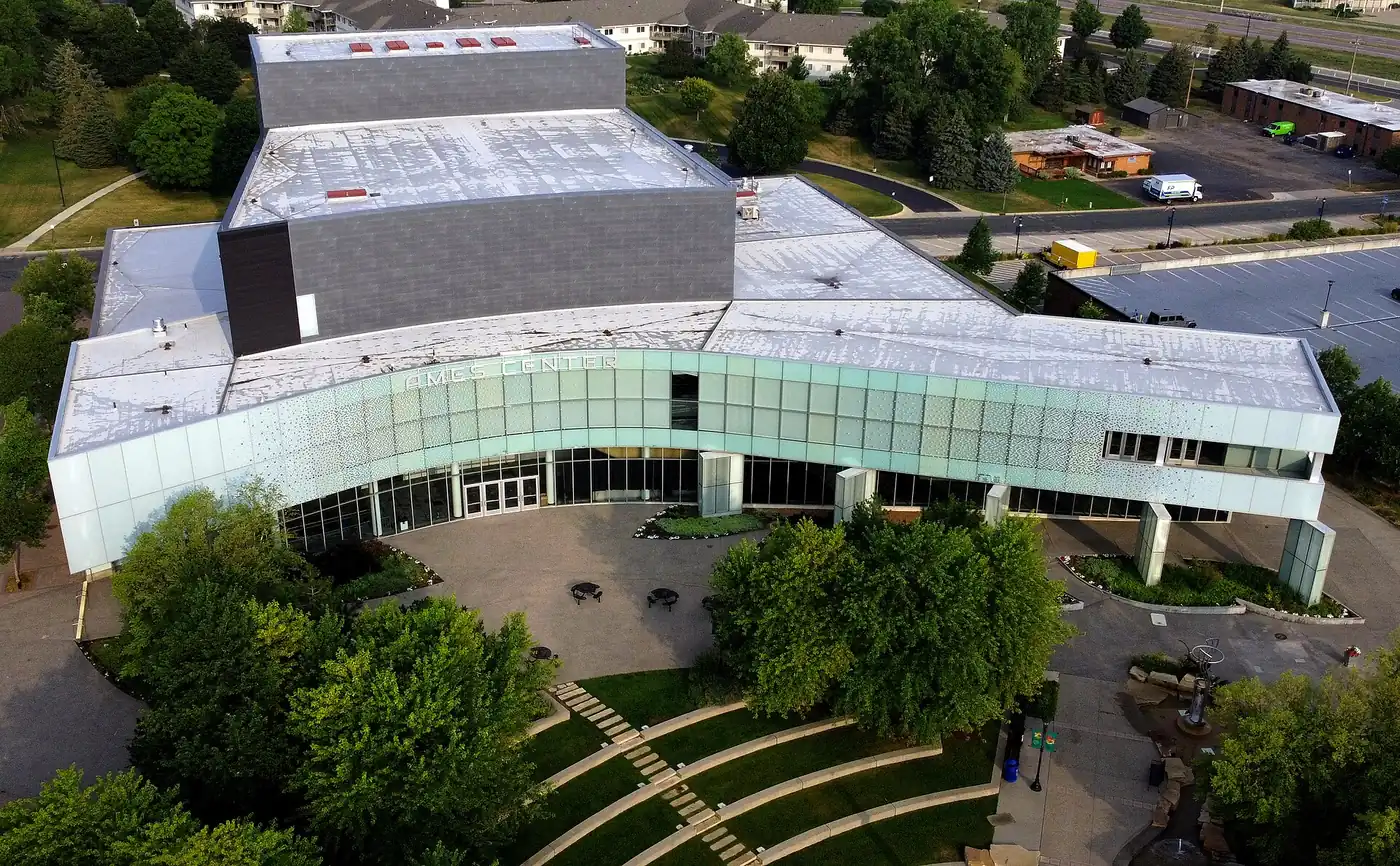 Aerial view of the Ames Center performing arts building in Burnsville, Minnesota