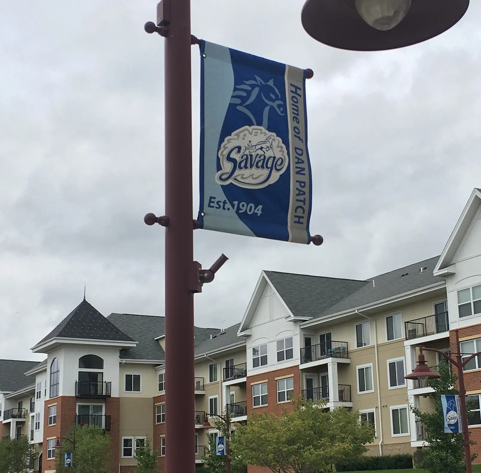 Street banner celebrating the racehorse Dan Patch at 123rd Street and Natchez Avenue in Savage, Minnesota
